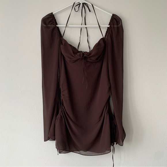 House of CB Baby Chocolate Brown Chiffon Cutout Halter Long Sleeve Mini Dress - Picture 5 of 12